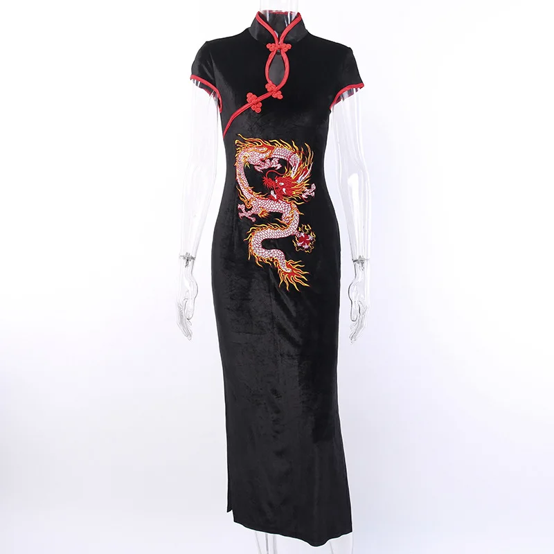 Chinese Stand Collar Gothic Dress Emboridery Dragon Qipao Black/Red Vintage Evening Party  Long Robe Cheongsam Black Sexy