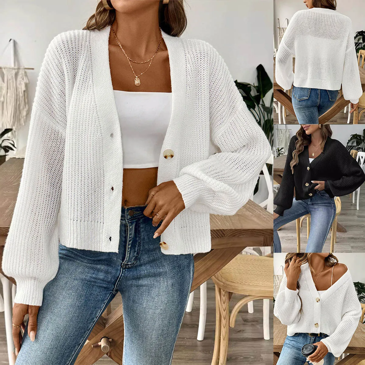 Imagen 5: 2025 Cárdigan con botones de Color sólido, suéter de punto con una hilera de botones, chaqueta para mujer, cárdigan de Otoño Invierno, suéter corto Simple