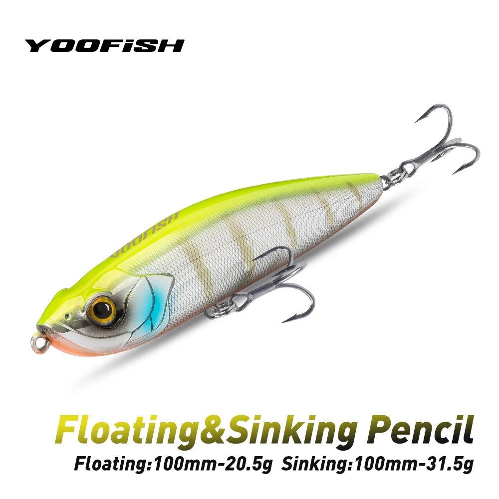 YOOFISH Schwimmender sinkender Bleistift-Angelköder, 100 mm, 20,5 g, 31,5 g, Stickbait, Topwater Walking Dog, harte Wobbers für Barsch- und Hechtangeln