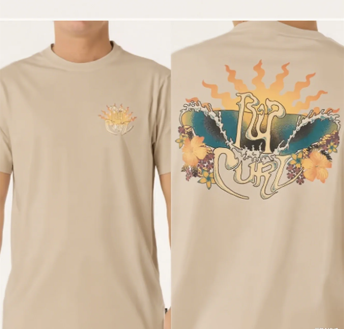 

Футболка из чистого хлопка. Передняя часть небольшой огненной эмблемы; Назад с надписью «Rip Curl» Amidst Sun, Crashing Waves и Vibrant Hibiscu