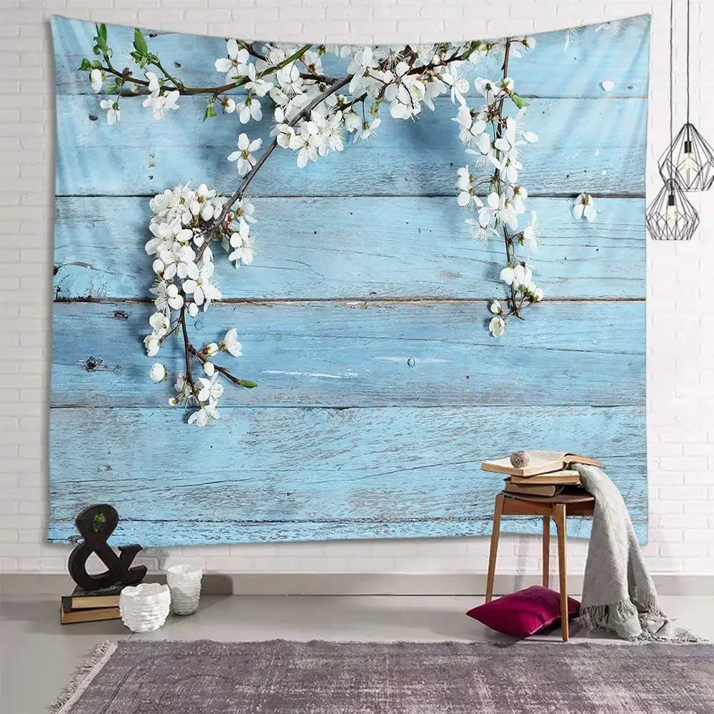 Vintage Planks with White Flower Tapestry Wooden Board Blue Nature Spring Tapestry Wall Hanging Living Room Bedroom Dorm Decor