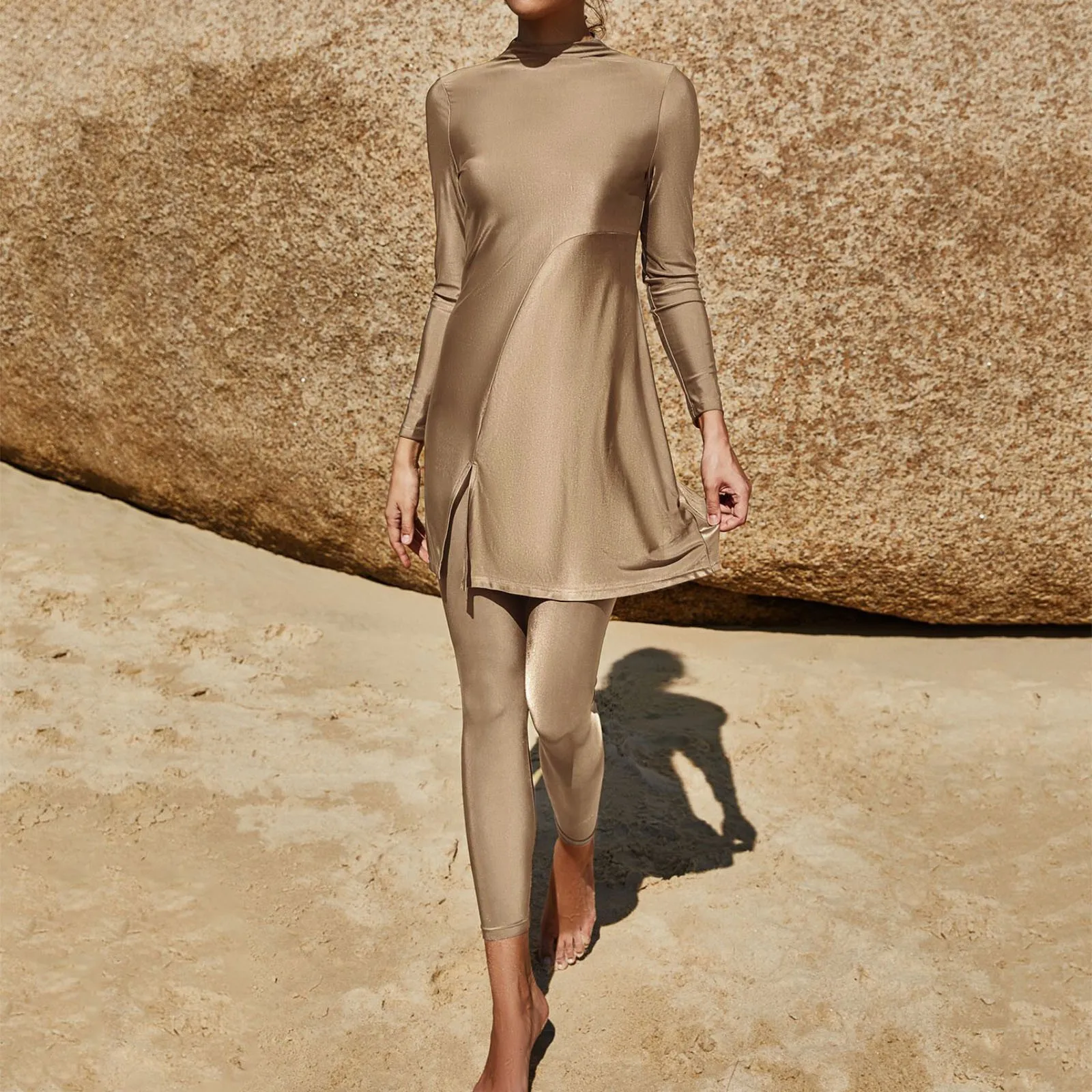 

Arab Swimsuit Two-Piece Conservative Beach Surfing Sun Protection Swimsuit Muslim Solid Color Long Sleeved Pants Full Wrap Swims