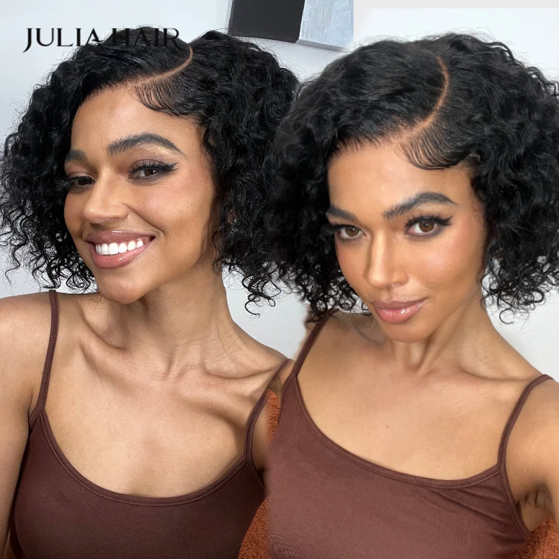 Julia Hair 7x5 Bye-bye Knots Lace Closure Side Part Wig Short Curly Bob Wig Pre Cut Lace Glueless Curly Bob Human Hair Wig 150%