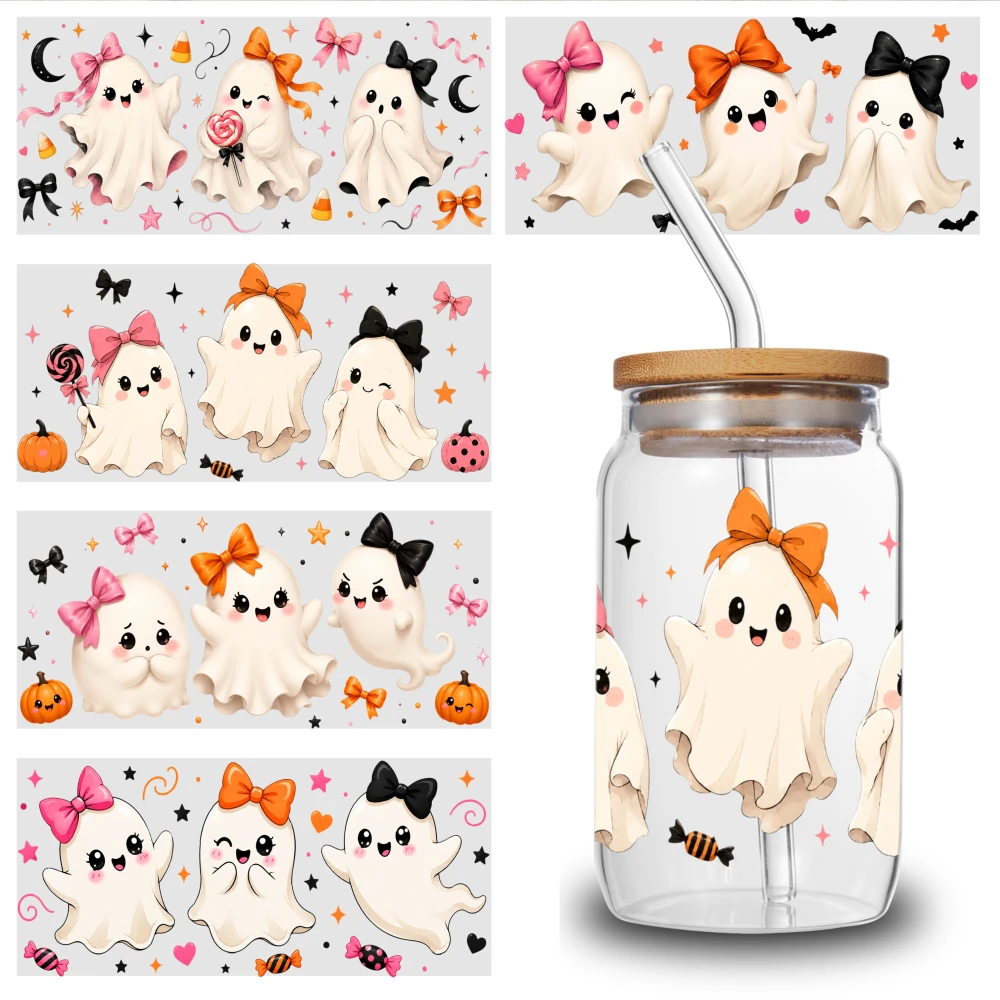 5 Sheets Cute Ghost Pattern UV DTF Stickers DIY Water Bottle Glass for 16 oz Tumbler Plastic Self-Adhesive Labels