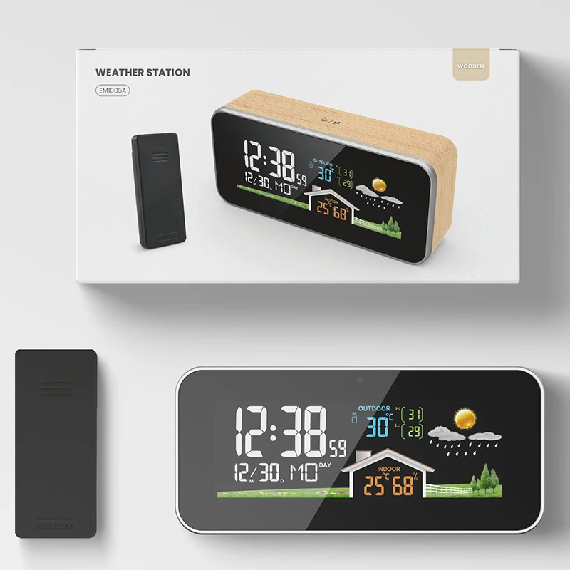 Wireless Weather Station Wooden Alarm Clock Digital Thermometer Humidity Temperature Meter Indoor Outdoor Weather Forecast