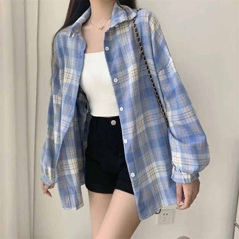 Women Retro Plaid Shirts Turn Down Collar Long Lantern Sleeve Loose Shirt Mid Length Autumn Harajuku Outwear Tops Blusas Mujer