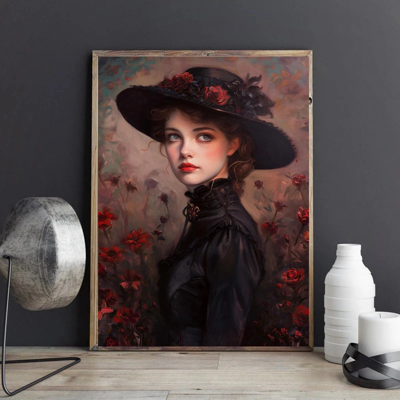Gothic Princess Raven Blindfolded Rose Victorian Woman Skull Portrait Poster Canvas Painting Print Dark Academia Home  Decor - view 3
