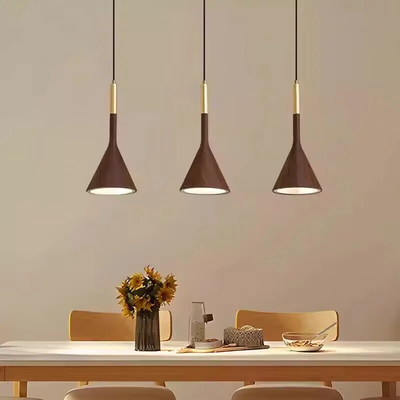Luxury yet understated bedroom bedside lamp, vintage walnut colored pendant lamp, dining room bar lamp, simple three head lamp