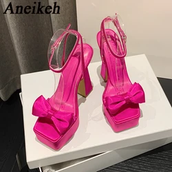 Aneikeh Fashion Sexy Square Head Open Toe Super High Heels Women Silk Butterfly-knot Decor Buckle Strap Sandals Wedding Dress