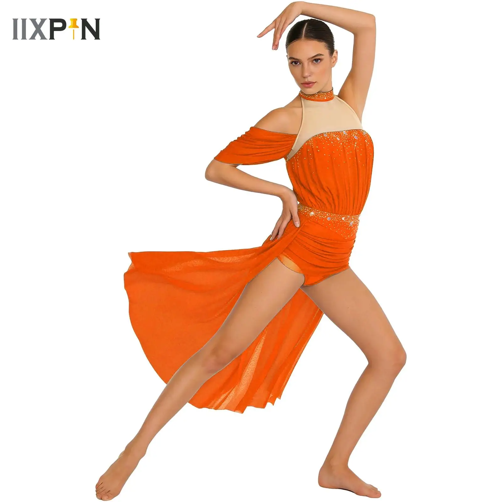 

Women Ballet Leotard Dress for Lyrical Jazz Latin Modern Dance Costume Rhinestones Ruched Mesh Gymnastics Dress Stage Dancewear