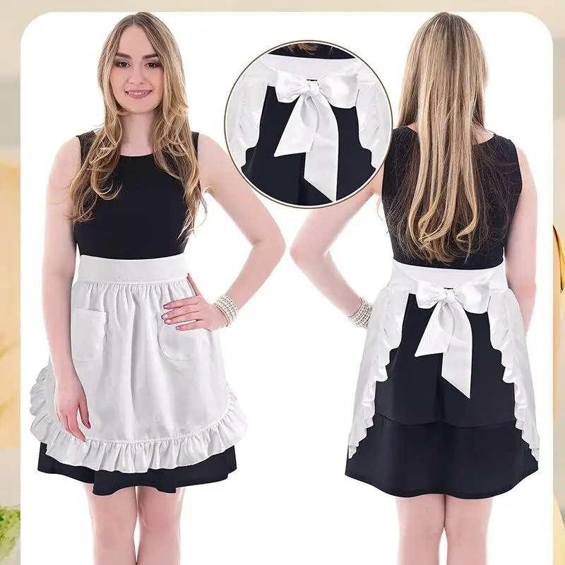 

Woman Half Waist Cooking Kitchen Apron Short Lolita Maid Sexy Lace Black White Bib Beauty Flower Coffee Shop Pinafore Home Work