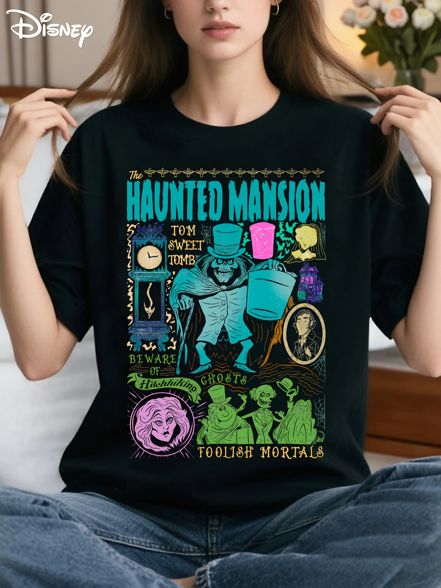 

Disney Haunted Mansion T-Shirt - White Tee with Iconic Ghosts (Madame Leota, Hitchhiking Spirits) & Attraction Logo