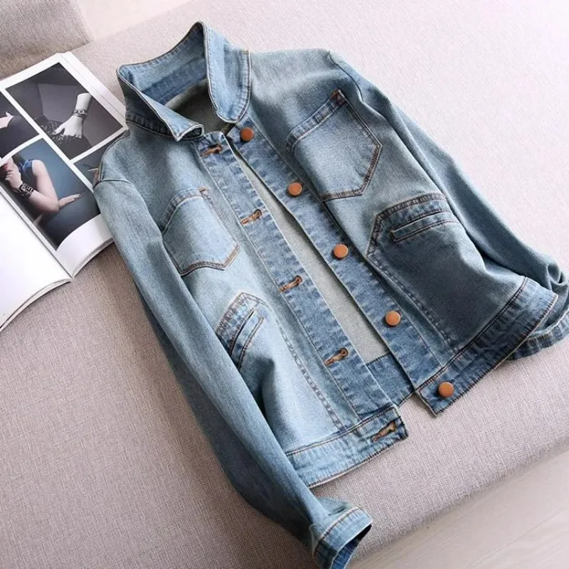 

Womens Light Wash Denim Jacket Button Front Cargo Pocket Long Sleeve Casual Loose Fit Outerwear