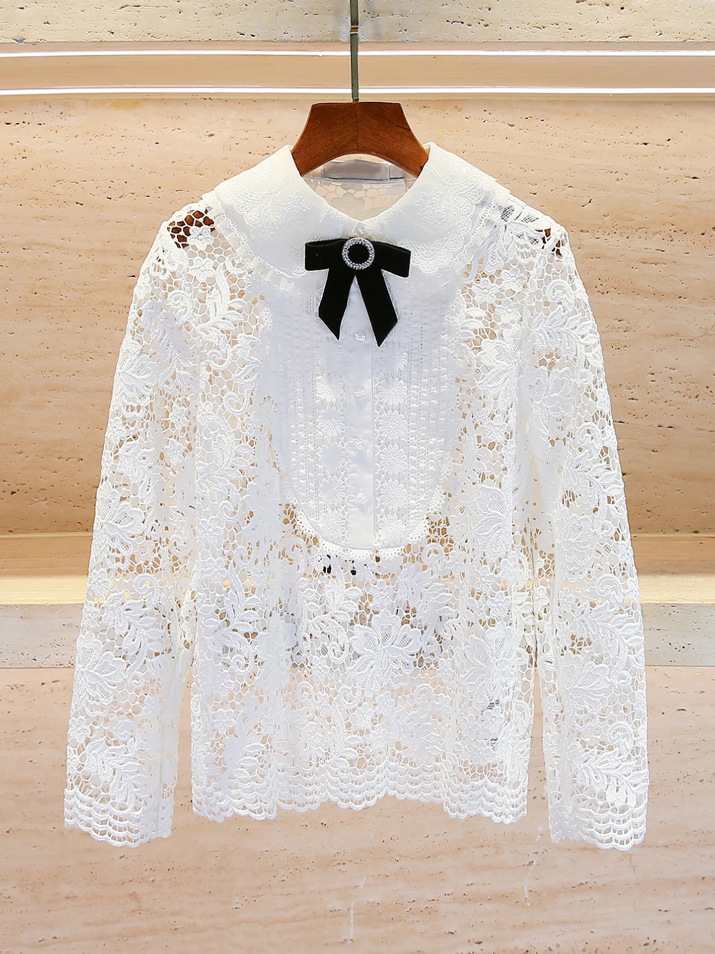 

Ele Lace Hollow out irt with Bow Tie Design in Soft Pastels for Women Spring Summer Autumn Faionable Commute Sle