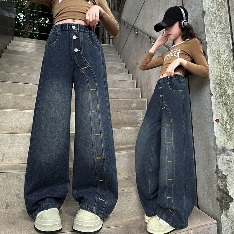 

New Design Kids Stylish Wide Leg Jeans with Buttonhole for Teen Girls Loose Casual Denim Pants School Child Washed Blue Trousers