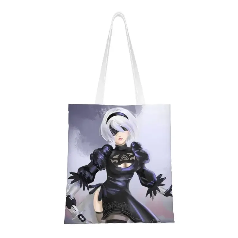 Nier Automata 2B YoRHa Grocery Tote Shopping Bags Women Fashion Anime Game Canvas Shoulder Shopper Bag Large Capacity Handbag