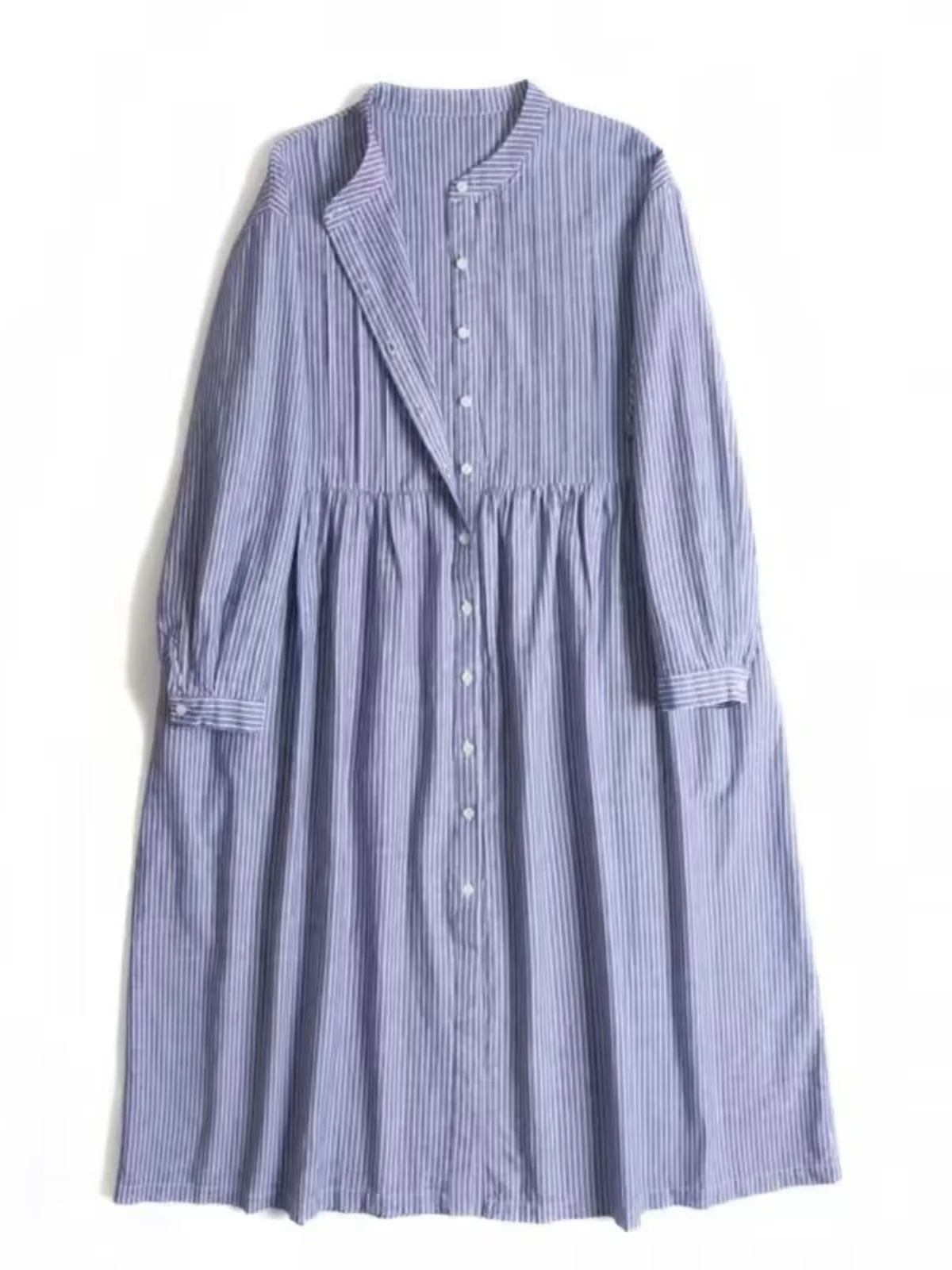 

Женская свободная хлопковая блузка в полоску с воротником-стойкой на одной пуговице, средней длины, А-силуэт, повседневная, для работы и отдыха