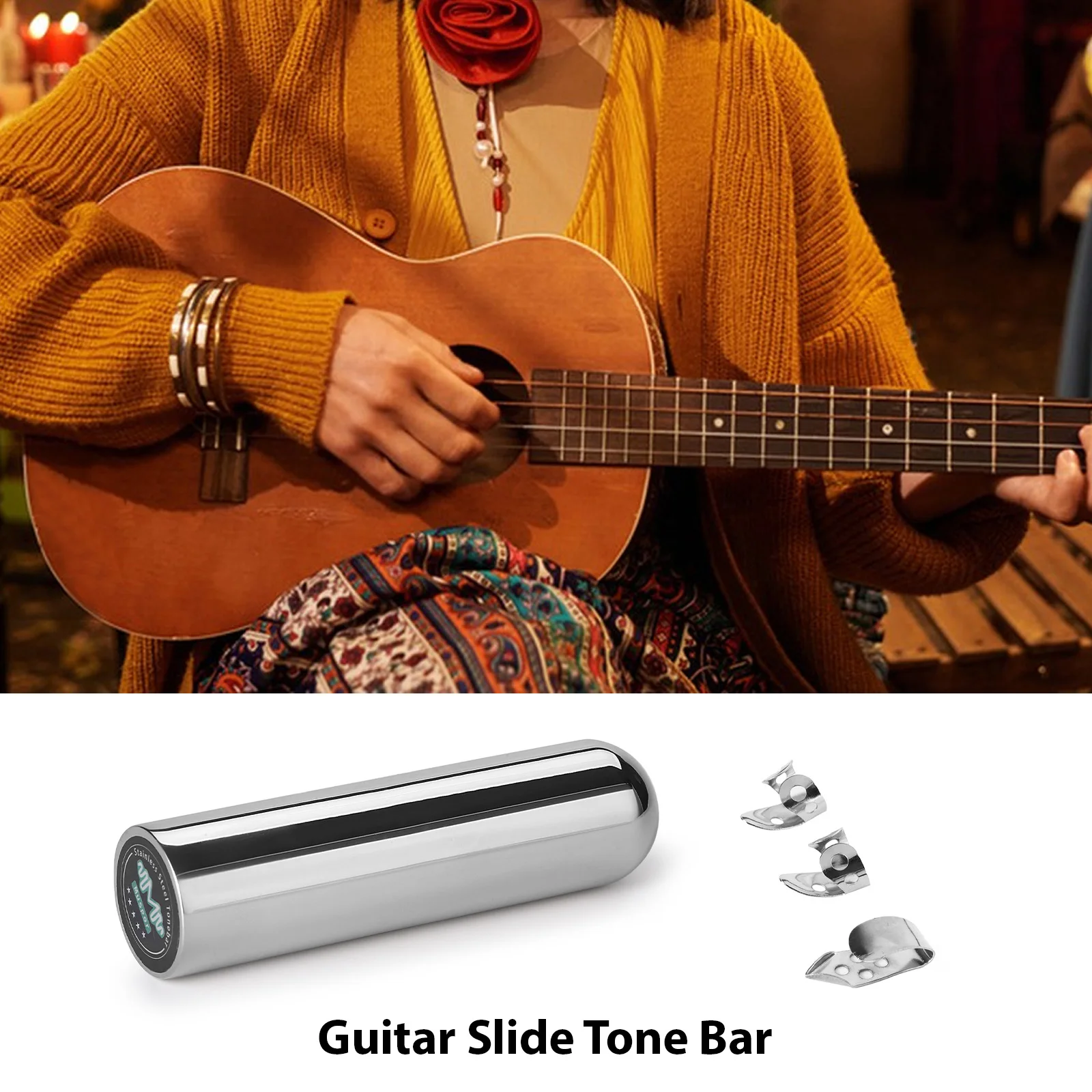 Muspor Guitar Slide Tone Bar Stainless Steel Guitar Tone Bar Set with 3 Metal Finger Picks Storage Bag