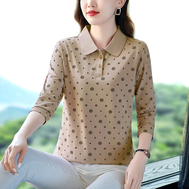 Polka Dot POLO Shirt Autumn Long Sleeve T-Shirt Shirts Women Women's Youthful Woman Clothes Sleeves Korean Reviews Cotton Tops