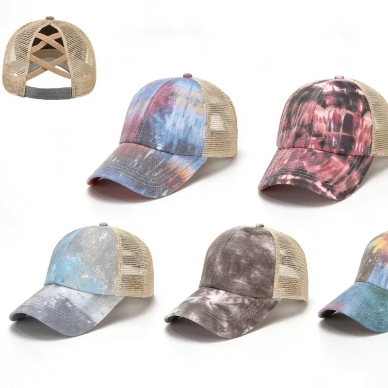 Women Rear Cross Mesh Ponytail Baseball Cap Tie Dye Leopard Print Sunscreen Gauze Cap Summer Sports Breathable Adjustable