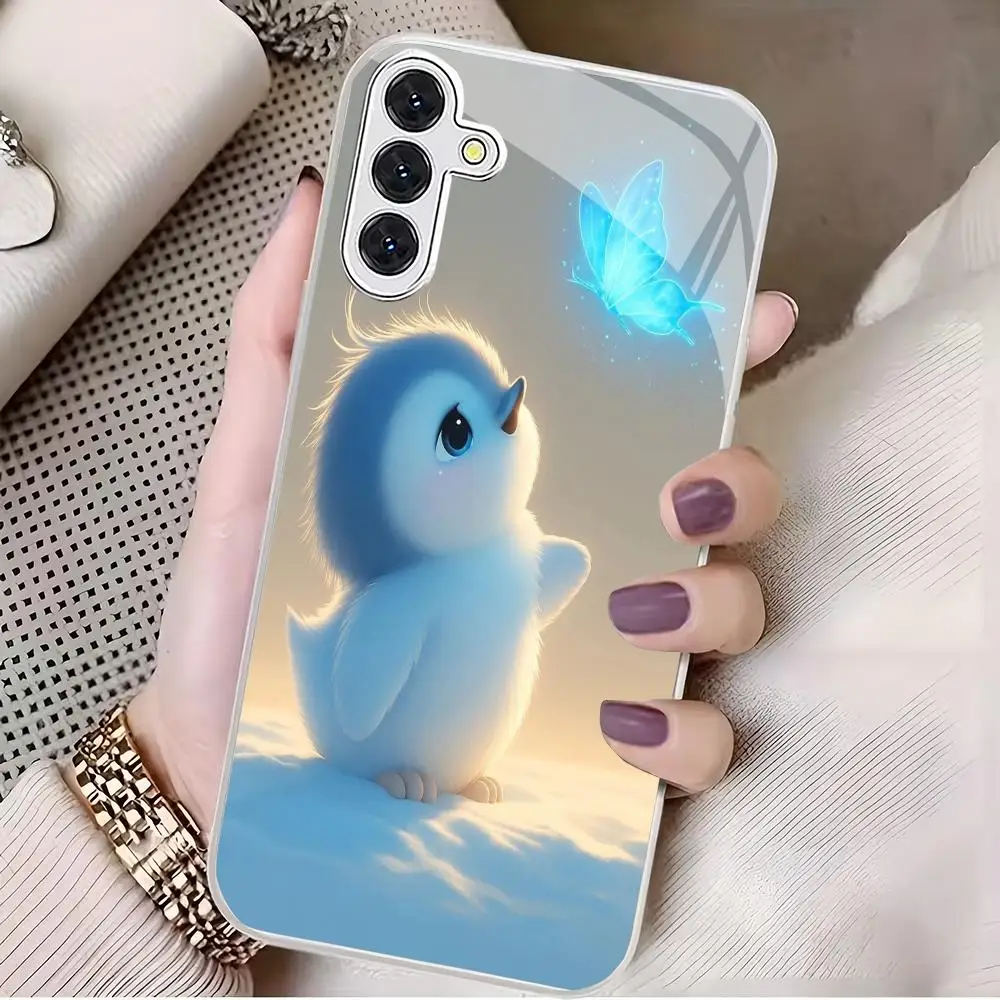 Cute little penguin pattern glass phone case suitable for Samsung GalaxyS26 S25 S24 S22 S21 S20FE/Ultra/Plus anti drop backcover