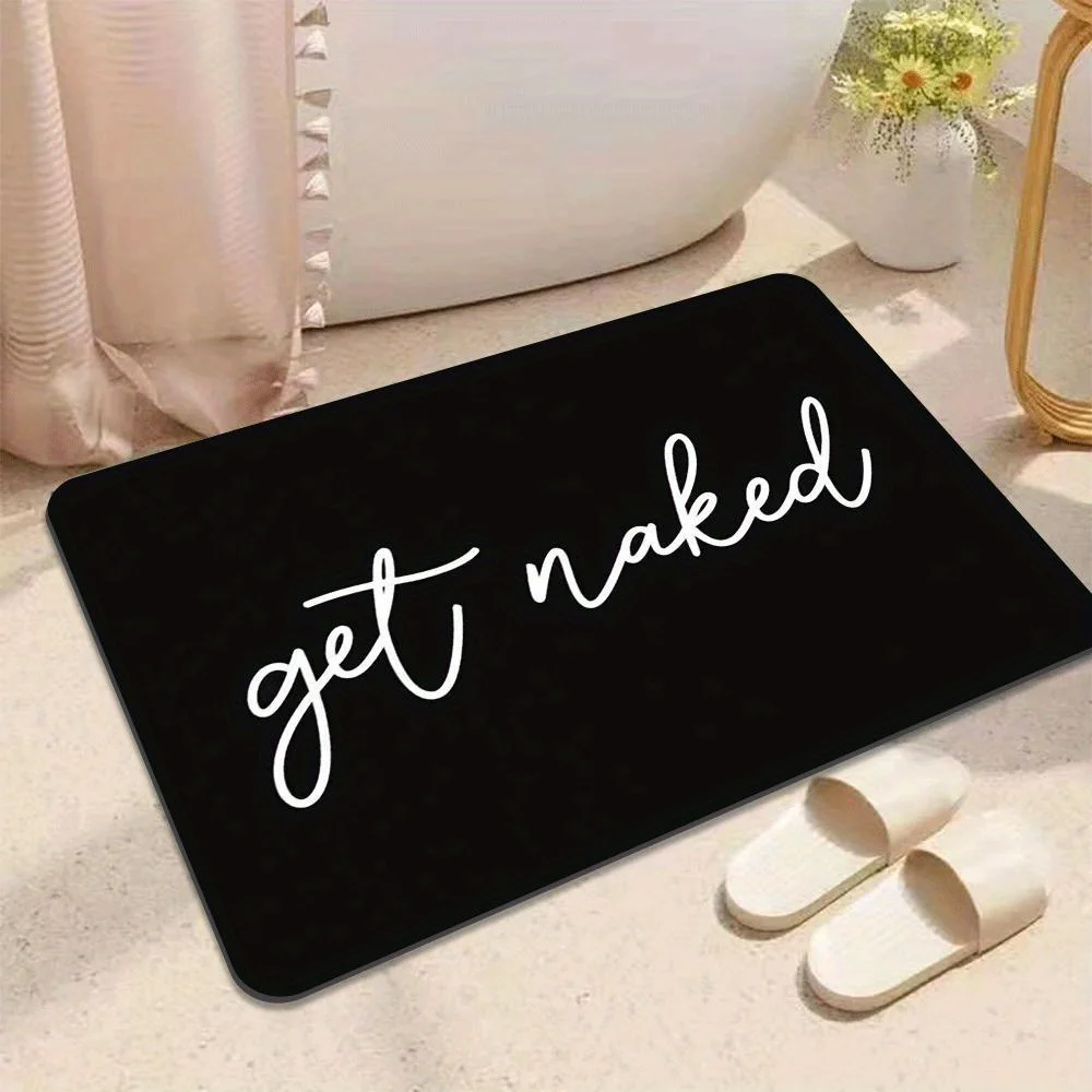 Funny Nude Bath Mat - Black with White Cursive Text Non-Slip Machine Washable for Bathroom Bedroom Kitchen Decor Minimalist Gift