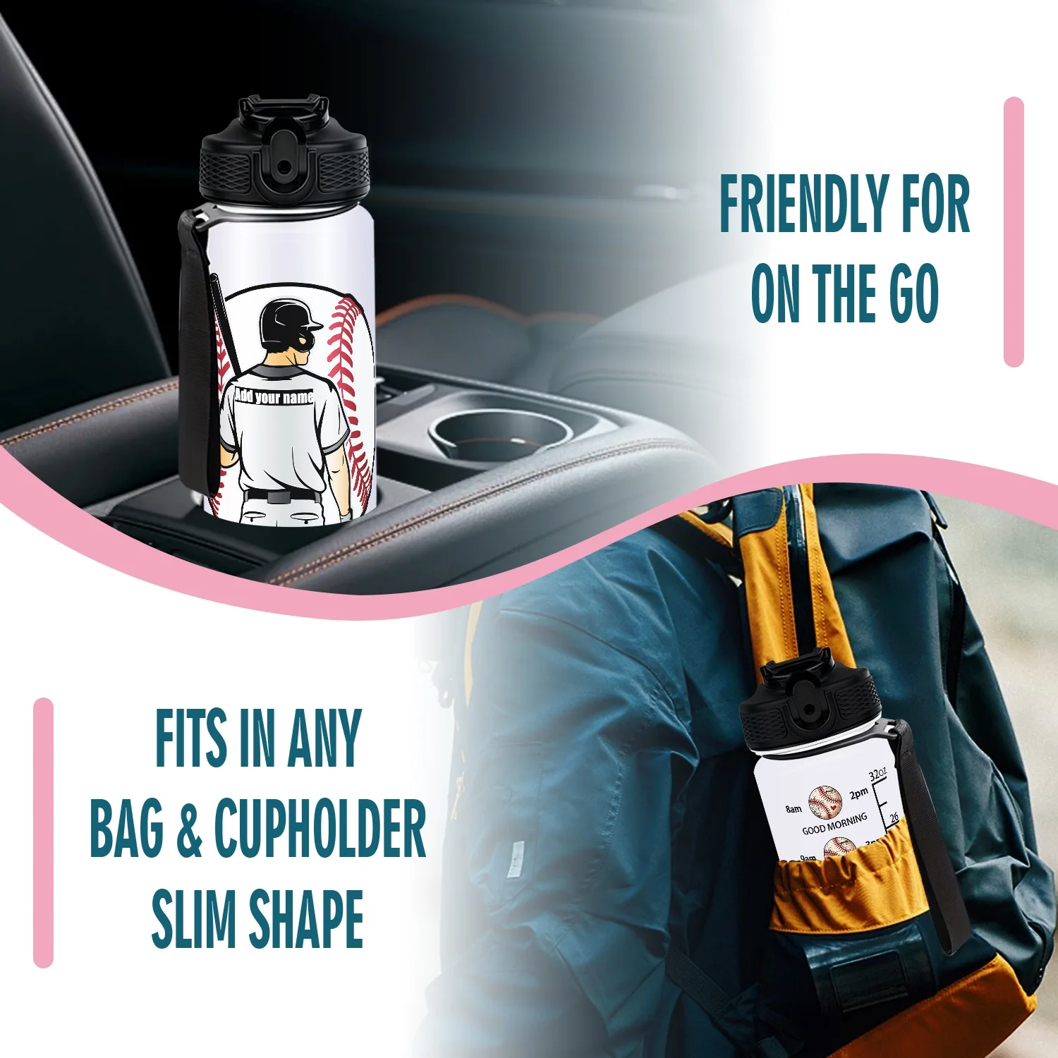 1PC,Customization Name 32oz Water Bottle,Baseball Player Back Time Scale Print,Encourage Daily Hydration,for Gym Outdoor Cycling