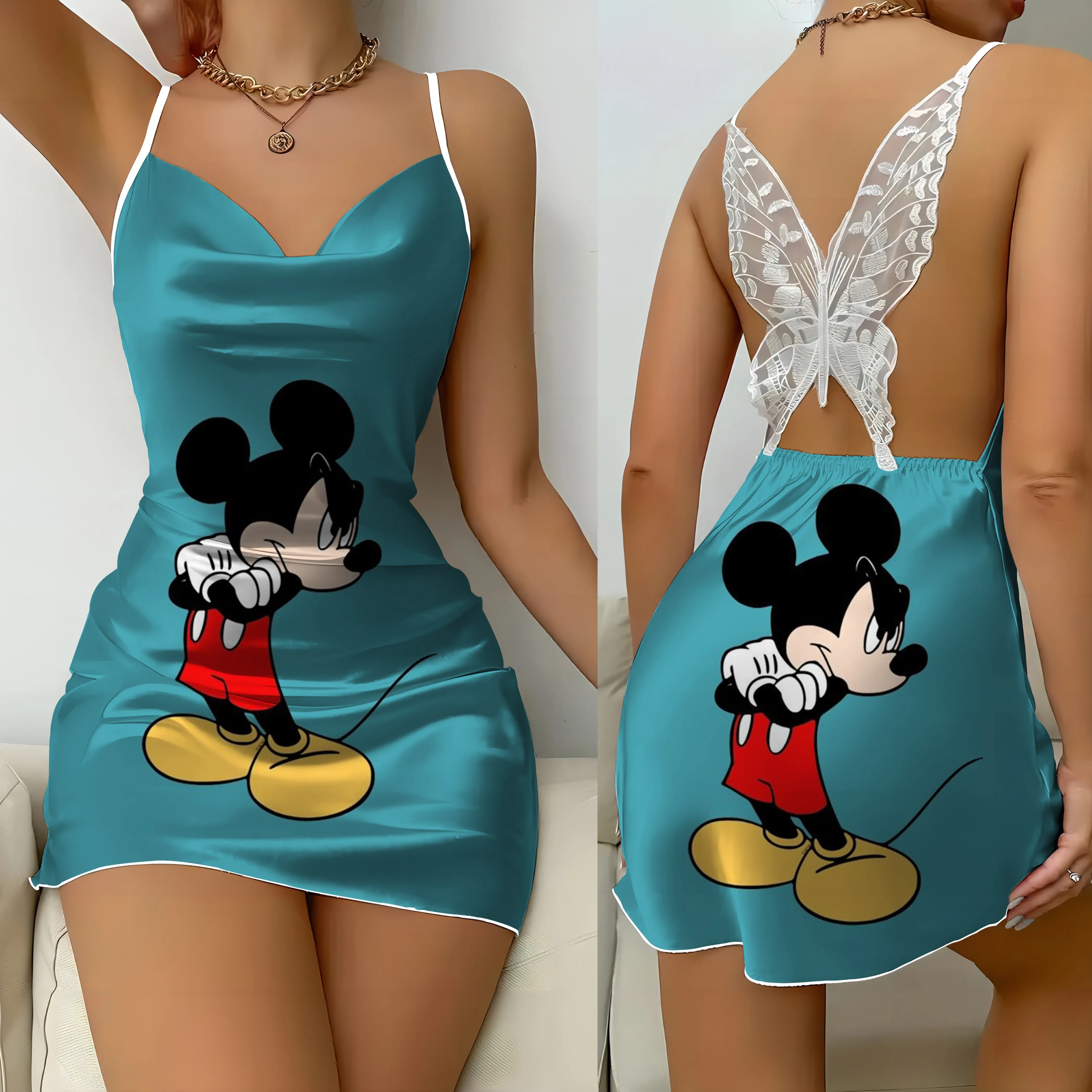 Party Dresses Satin Surface Mickey Backless Dress Pajama Skirt Disney Minnie Mouse Bow Knot Womens Fashion Summer 2024 Mini Sexy