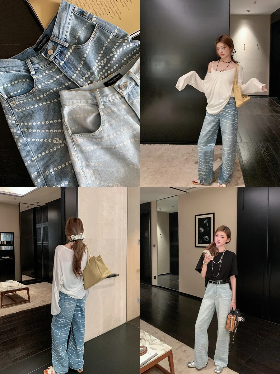Low Waist Loose Fit Thin Denim Jeans Women's Summer Earth Store Design Sensation Pearl Print Wide Leg Pants Casual Sle