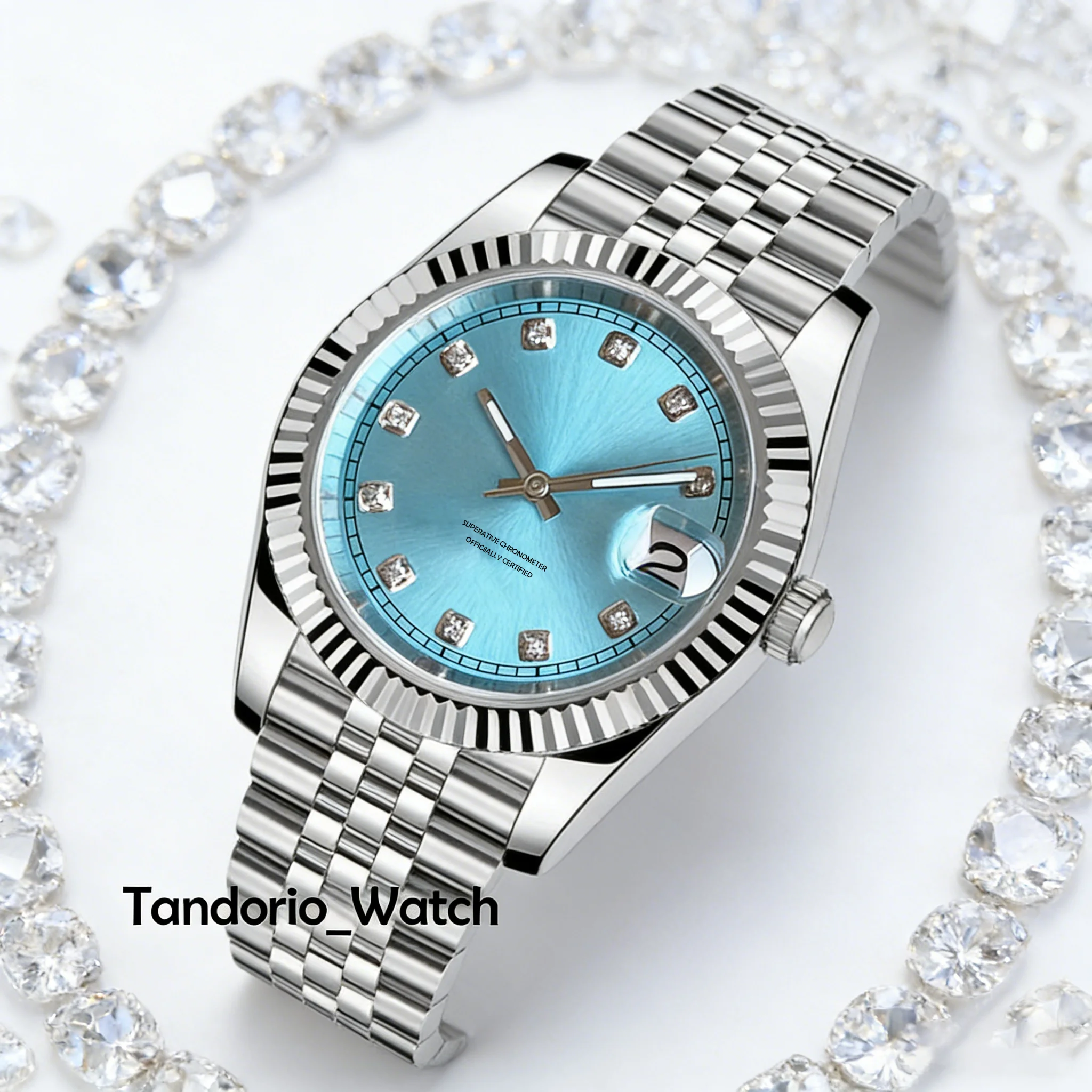 Tandorio 36mm/39mm Sapphire Glass Ice Blue/Purple Diamond Scale NH35A Auto Men Watches 10ATM Dress Wristwatch Glidelock Jubilee