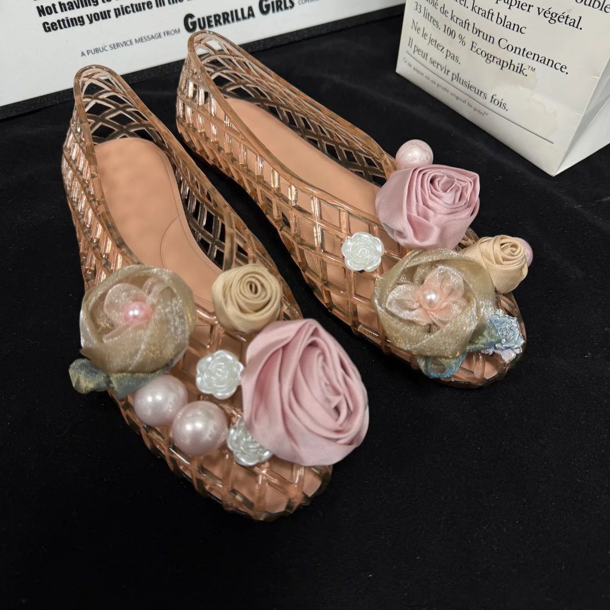 Women's Colorful Hollow Grid Flat Sandals Summer Ladies Flat Jelly Shoe DIY Non-slip Vacation Beach Shoes with Shoes Accessories