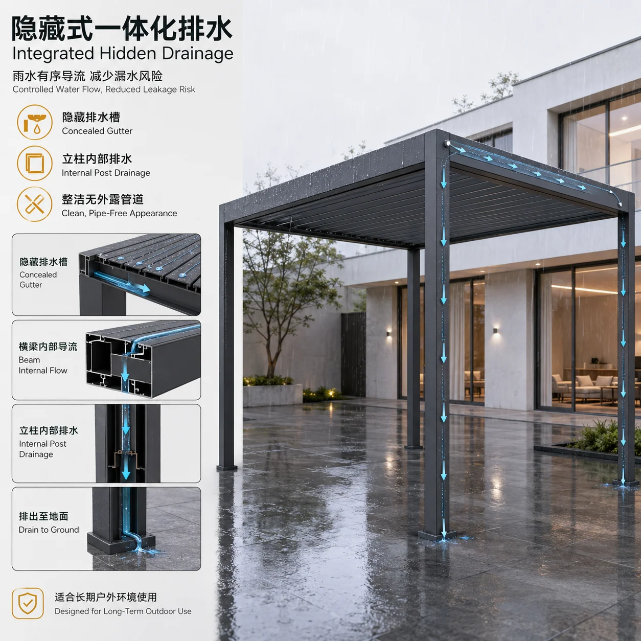 Custom Aluminum Pergola Outdoor Waterproof Adjustable Louvered Roof Gazebo With LED Lights Heavy Duty Yard Patio Sunshade Canopy