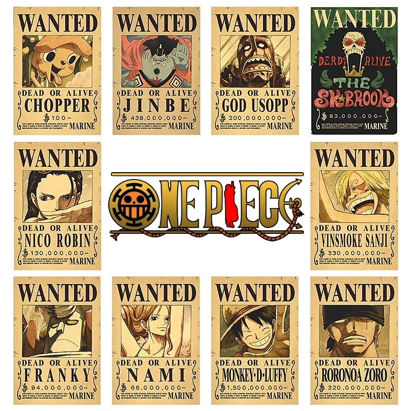 One Piece Classic Japanese Anime All Roles Bounty Canvas Decorative Painting Wanted Posters Living Room Wall Decoration Pictures