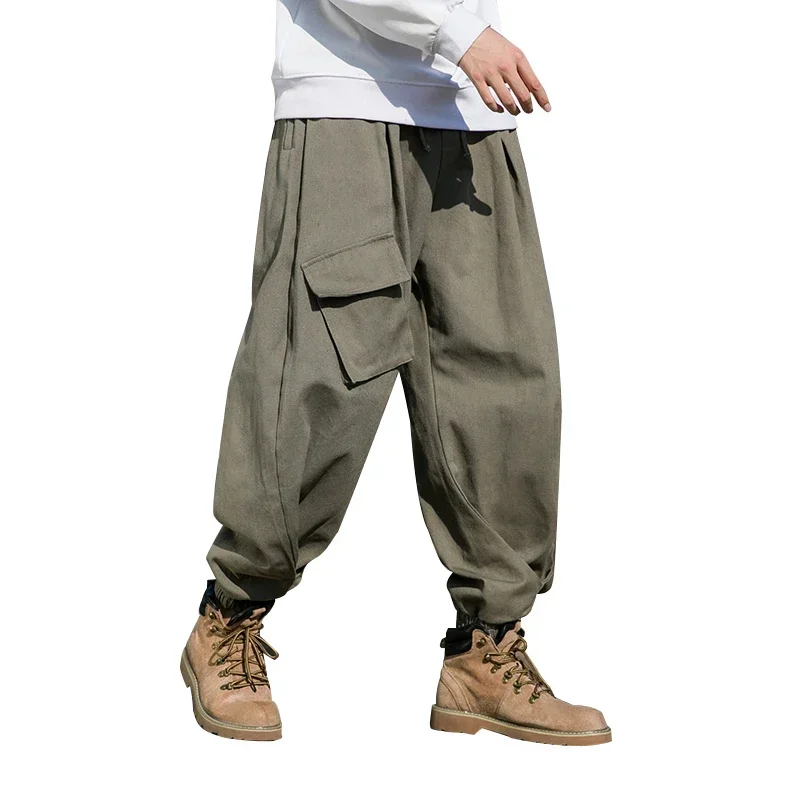 Japanese Streetwear Men\'s Solid Color Pocket Drawstring Jogger Pants Casual Hip Hop Straight Pants Retro Wide Leg Cargo Pants