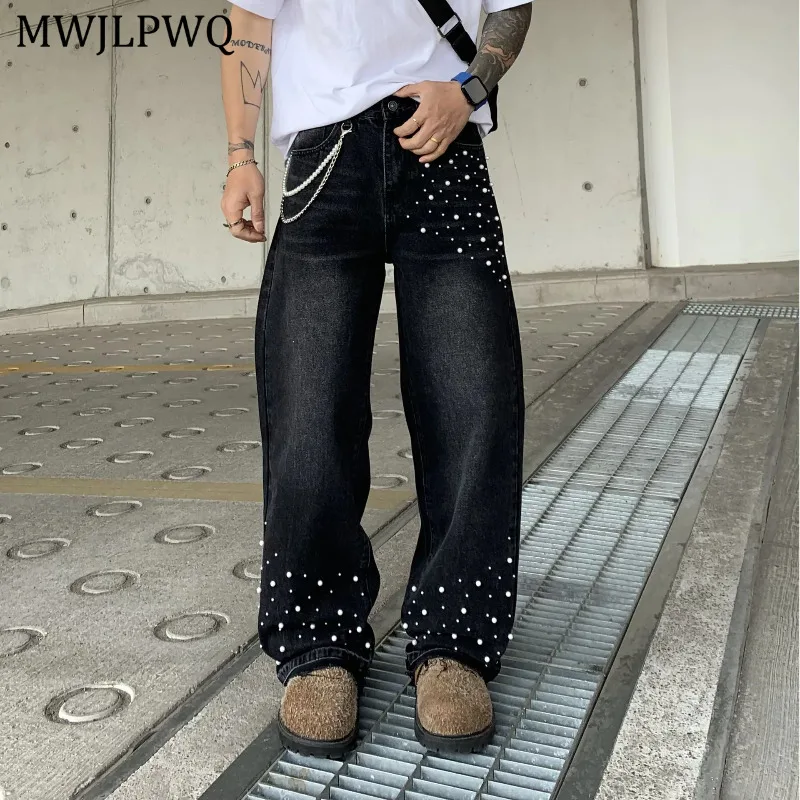 

MWJLPWQ Beaded Niched Design Jeans Men American High Street Loose Straight Casual Pants Men's Clothing Trendy 2025 Autumn 11399