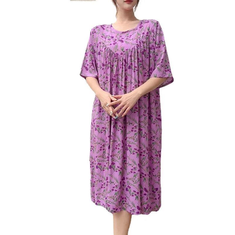 2023 Summer New Nightdress Loose Plus Size Homewear Cotton Round Neck Printed Pajamas Dress Can Be Worn Outside Pijamas Women