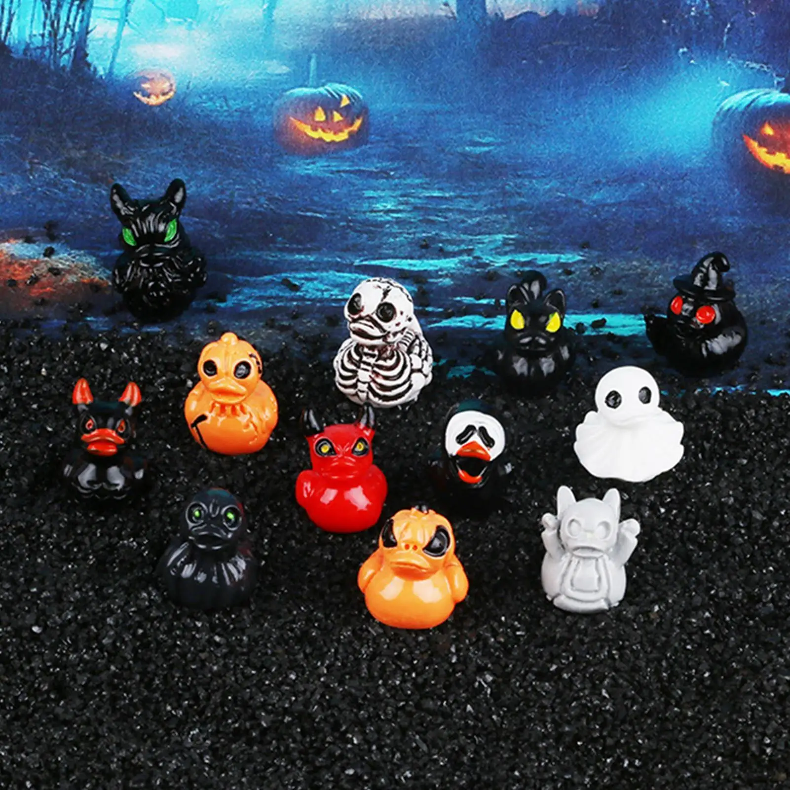 60 quirky mini resin duck figurines, incorporating devil, skull, and ghost designs, suitable for indoor desktops and patio lawns
