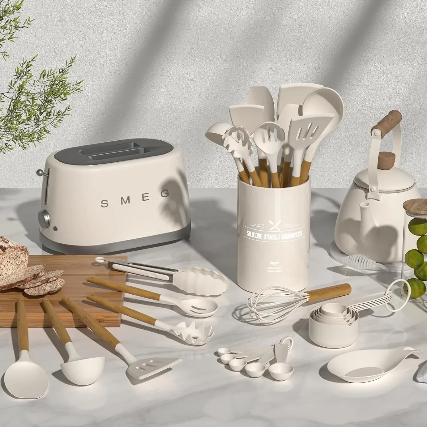 Kitchen Cooking Utensils Set, 33 pcs Non-Stick Silicone Cooking Kitchen Utensils Spatula Set with Holder, Wooden Handle
