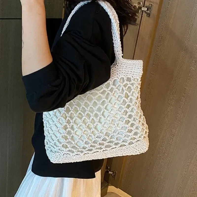 

1Pc Handmade Tote Bag Women's 2024 Summer New Mori Hollow Shoulder Bag Cotton Blend Thread Crocheted Handbag Beach Vacation Bag