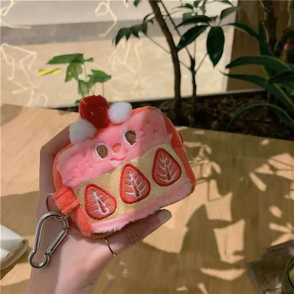 Lovely Plush Strawberry Cake Coin Purse Mini With Keychain Pendant Money Bag Zipper Pink AirPods Cover