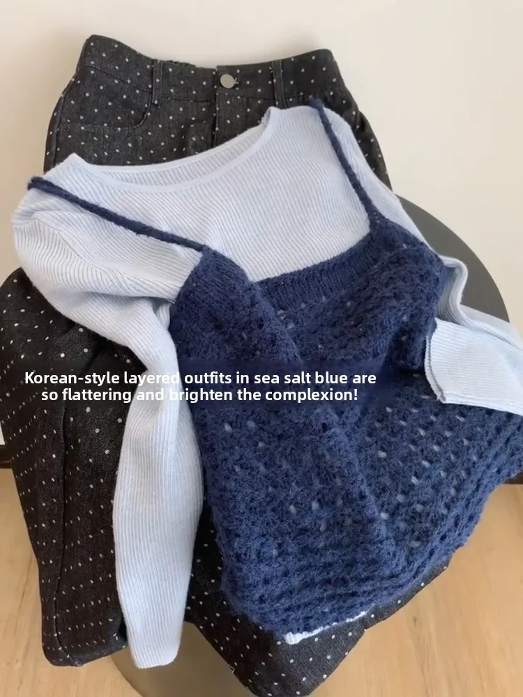 

Корейский стильный комплект из укороченного топа и жилета с вырезами, вязаный, сладко-острый дизайн, женский, облегающий, базовый слой, комплект из двух предметов, ранняя осень
