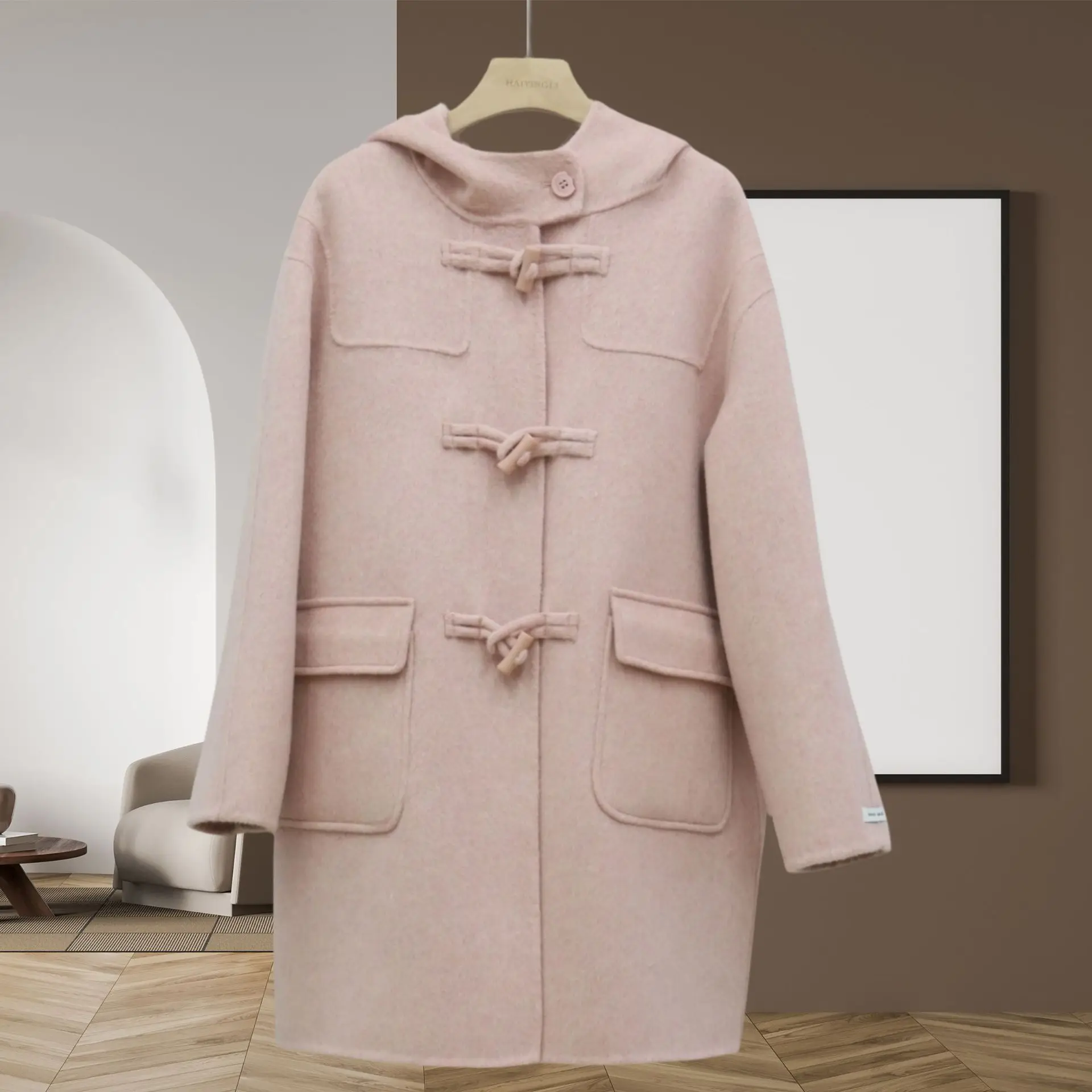 

Anti-season double-sided cashmere coat Korean version medium and long hooded horn buckle small man thickened wool woolen coat