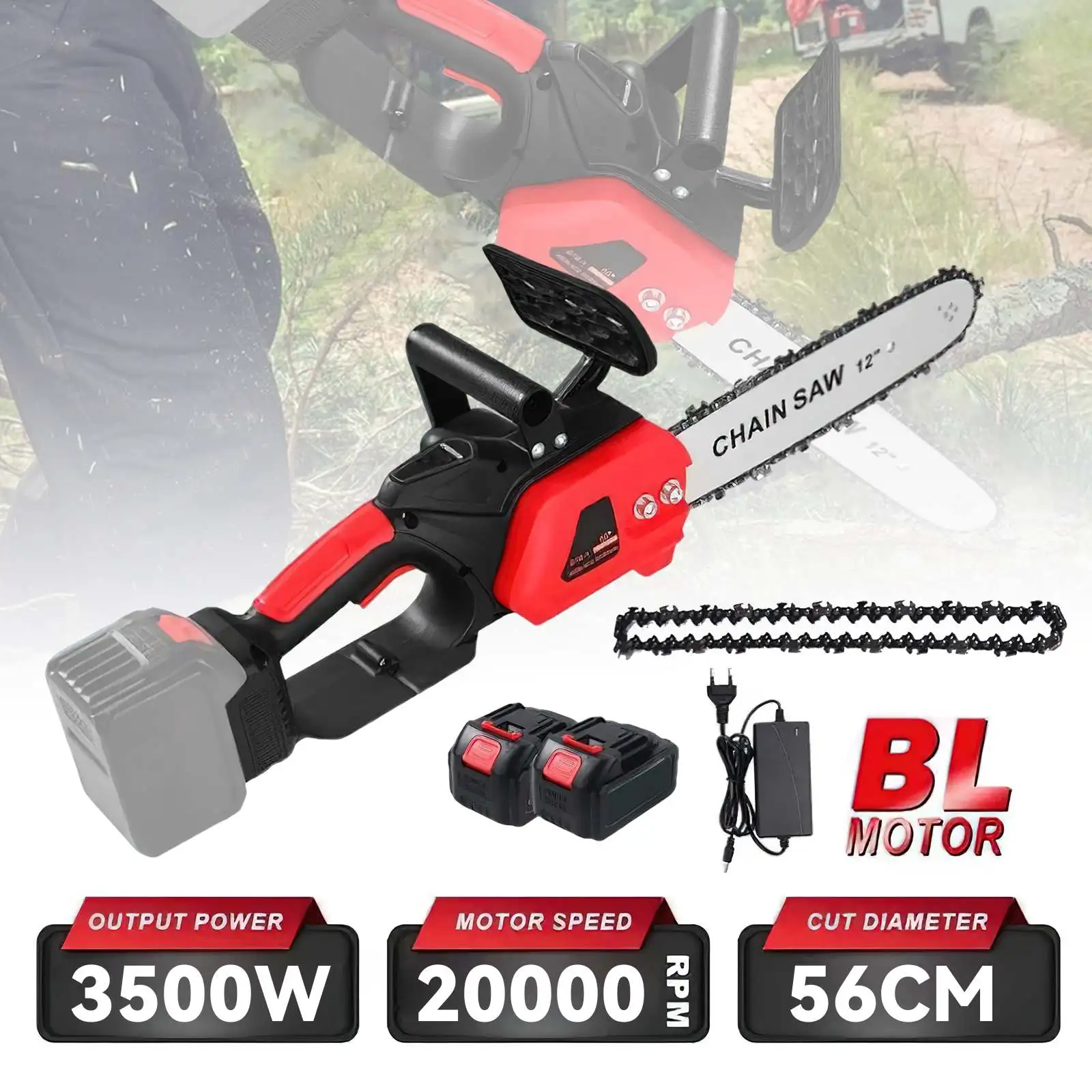 Tronçonneuse électrique de 12 pouces, tronçonneuse électrique puissante sans balais de 3500 W, batteries au lithium 21 V, tronçonneuse légère