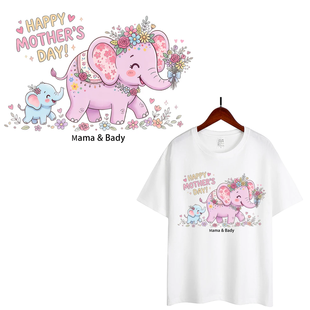 Cartoon Happy Mother Day Elephant Mama&Baby Heat Transfer Sticker For Clothes DIY A-Level Washable Shirt Iron-on Thermal Decals