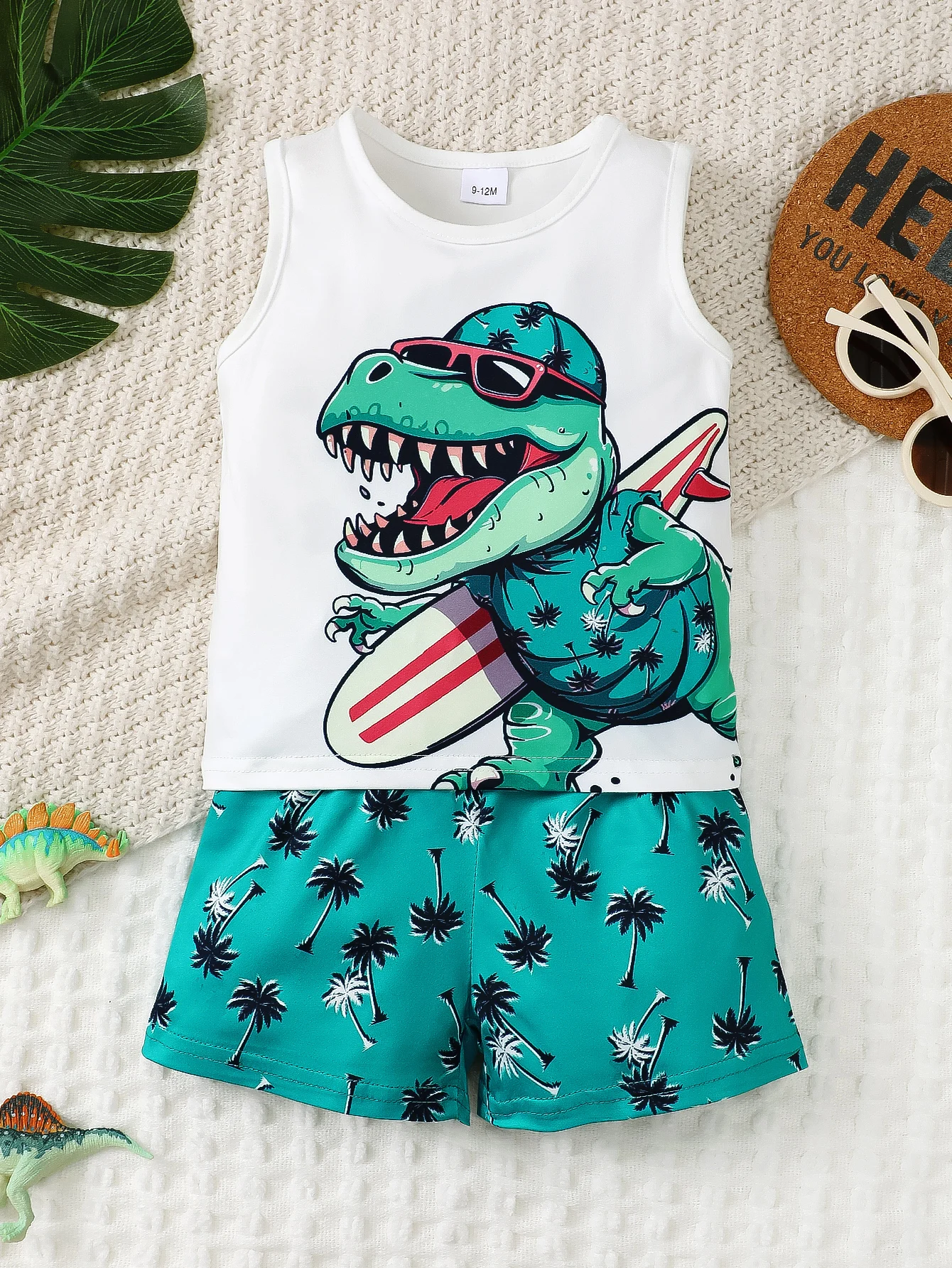 6m-3y Boys Summer Outfits Dinosaur Print Tank Tops Coconut Palm Full Print Shorts Set Infant Toddler Baby 2Pcs Casual Clothing