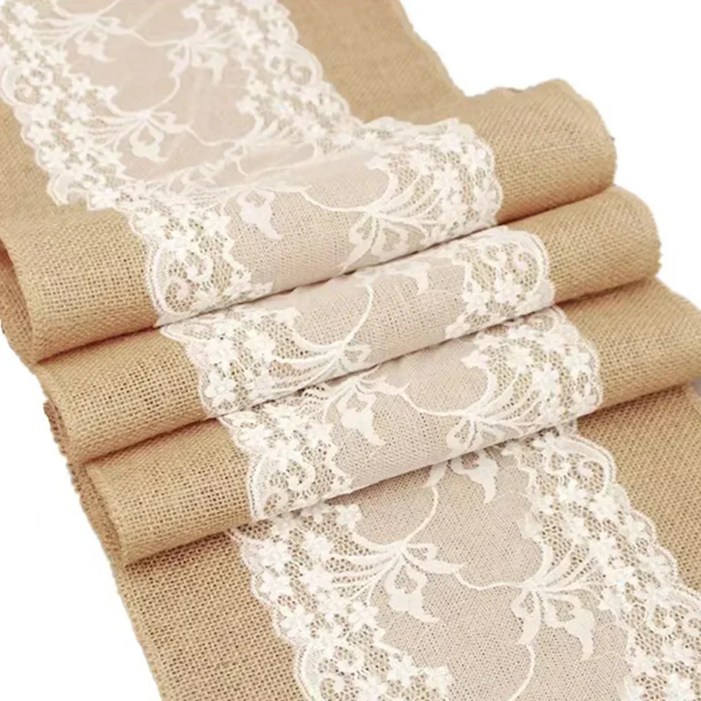 

Natural Jute Table Runner With Lace Rustic Country Wedding Party Decoration Home Textiles For Christmas Table Runners 30*275cm