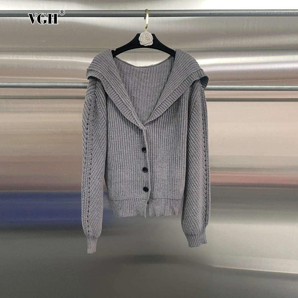 

VGH Solid Basics Fashionable Hooded Sweater for Women V Neck Long Sleeves Spliced Buttons Temperament Cardigan Female Autumn New