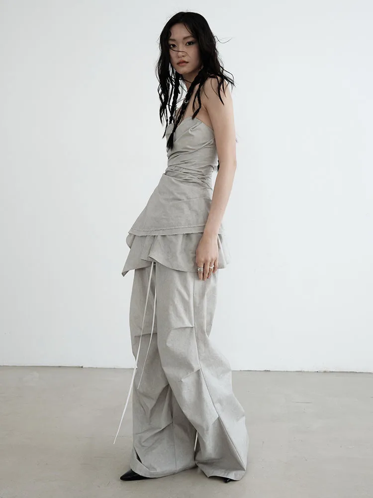 [EAM] High Waist Gray Drawstring Ruffles Pleated Long Wide Leg Pants New Trousers Women Fashion Tide Spring Autumn 2024 1DH6257