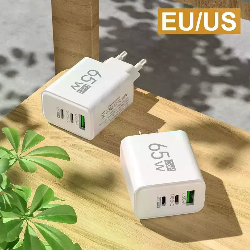 65W GaN Quick Wall Charger EU Plug Dual USB C & USB A Port 3-in-1 Fast Charging Adapter for Phone Laptop Power Bank Charging