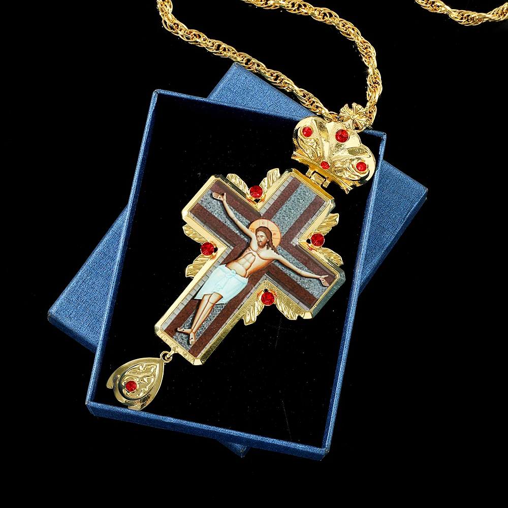 Fashion Gold Color Pectoral Cross Orthodox Pendants Chain Russian Greece Religious Icon Byzantine Art Jesus Badge Cross Necklace